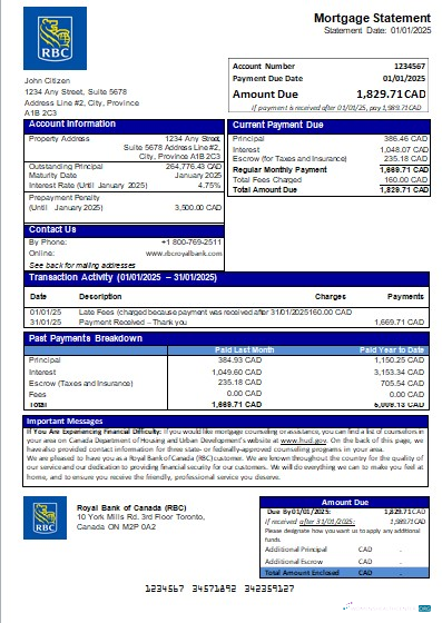 Download Canada Royal Bank of Canada (RBC) bank mortgage statement scr Photoshop template